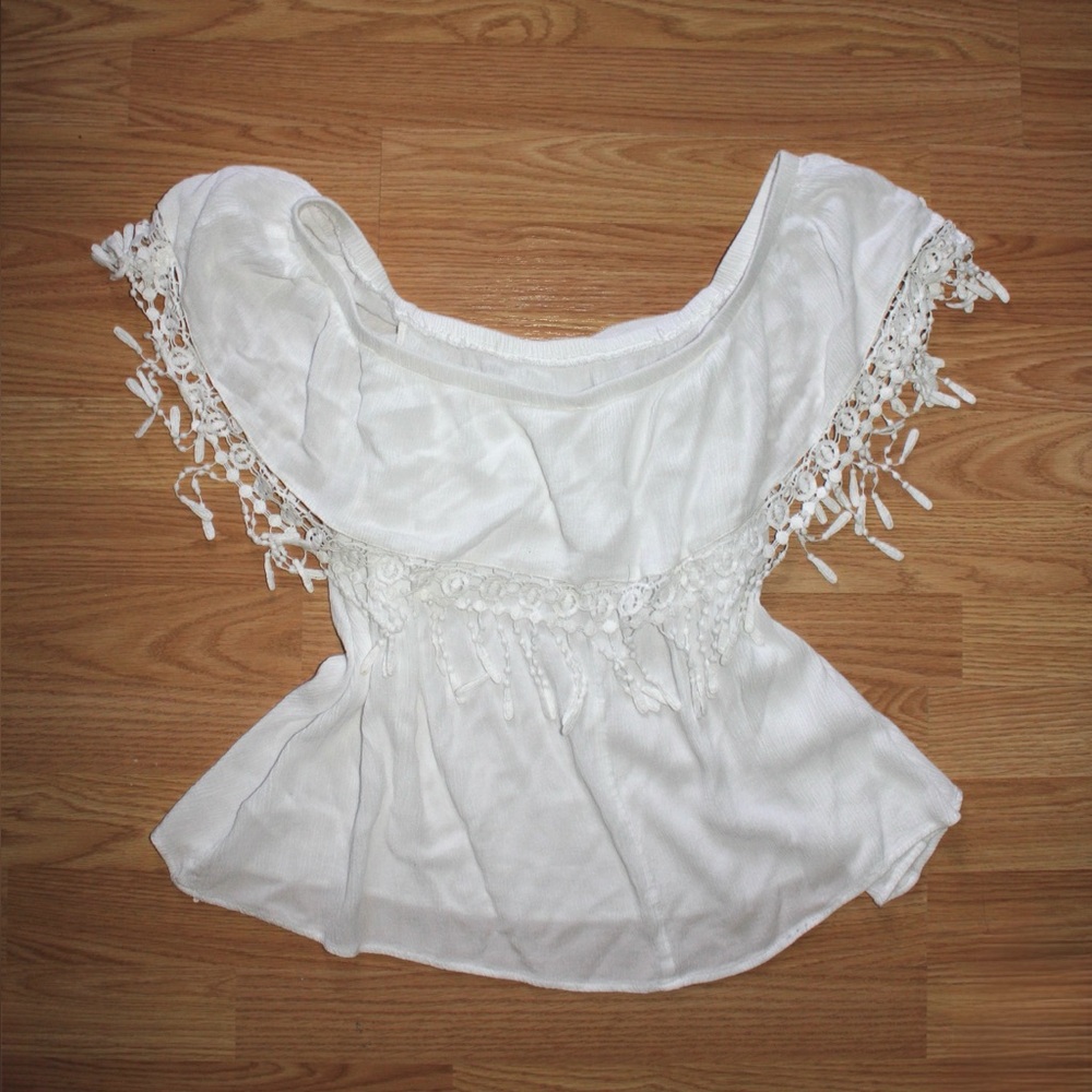 White Fringe Off-Shoulder Blouse